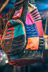 Rear view of multi colored bag at market