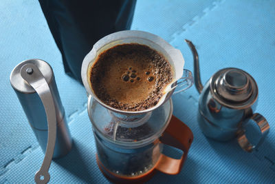 High angle view of coffee on table