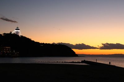 Scenic view of sea and silhouette buildings against sky during sunset