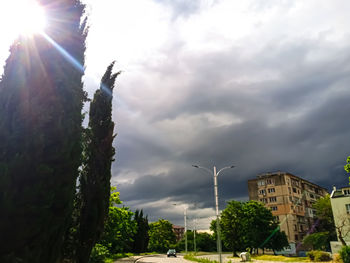 Low angle view of trees and buildings against sky