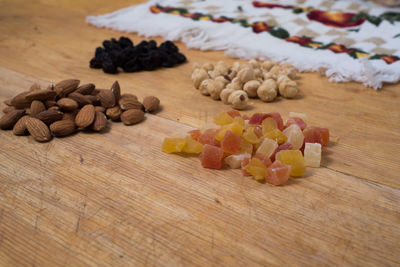 High angle view of candies on table