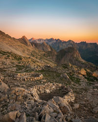 Scenic view of mountains against sky during sunset