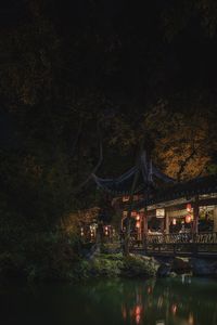 Illuminated bridge over river at night