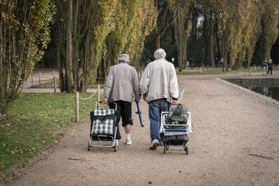 Rear view of couple walking in forest