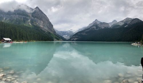 Scenic view of lake against cloudy sky