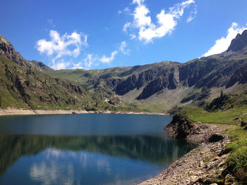 Scenic shot of calm countryside lake against mountain range