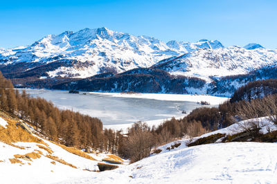 A view of lake sils and the chaste peninsula from above. panorama from grevasalvas in winter.