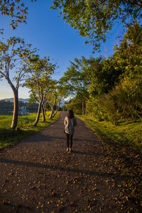 Rear view of woman walking on street amidst trees against sky