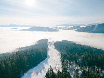Panoramic view of snow covered mountains against sky