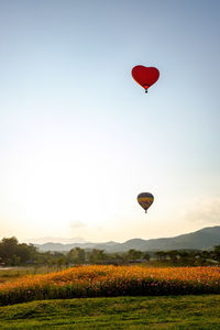 Hot air balloon flying over field against sky