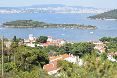 High angle view of townscape by sea