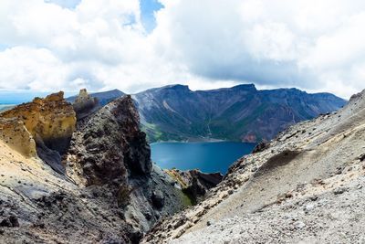 Scenic view of lake and mountains against sky