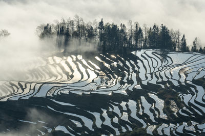 Scenic view of snow covered land against sky