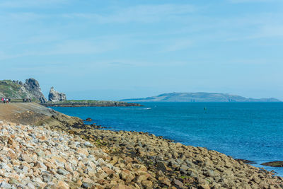 Scenic view of bay against clear sky