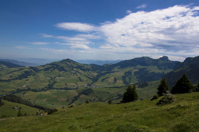 Scenic view of mountains against cloudy sky