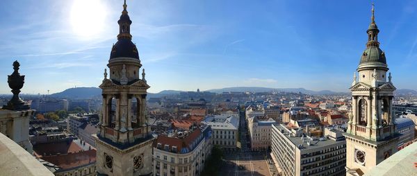 Panoramic view of buildings in city against sky