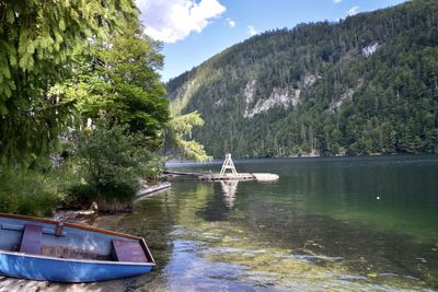 Scenic view of lake by trees against sky