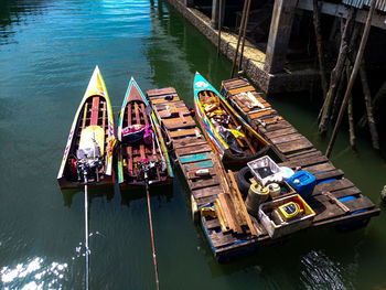 High angle view of boats moored on river