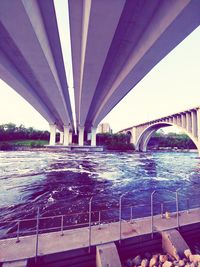 Bridge over river in city against sky