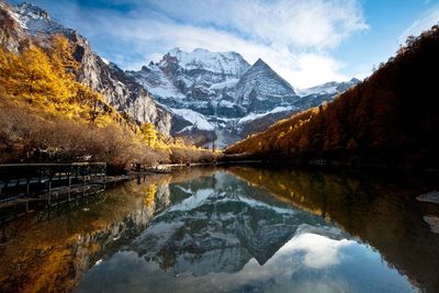 Scenic view of lake and snowcapped mountains against sky