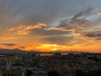 High angle view of townscape against sky during sunset