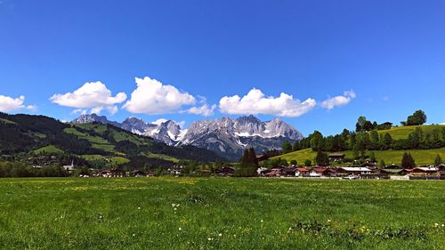 Scenic view of field and mountains against blue sky