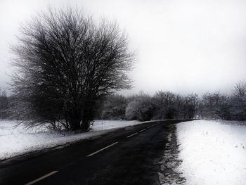 Road amidst bare trees against clear sky during winter