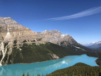 Scenic view of snowcapped mountains against blue sky