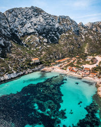 Scenic view of sea and mountains