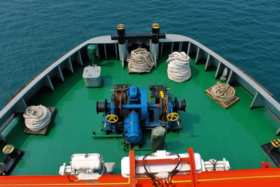 High angle view of boats moored on sea