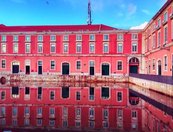 Reflection of red building in pond