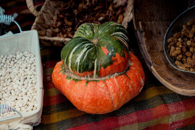 High angle view of pumpkins on table