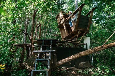 8 years old boy building a treehouse in the forest during summer