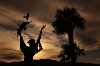 Silhouette person with arms raised by birds against sky during sunset