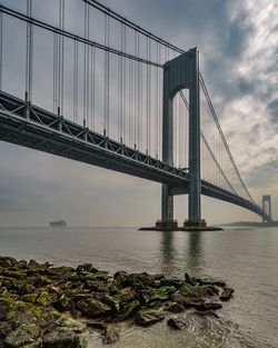 View of suspension bridge against cloudy sky