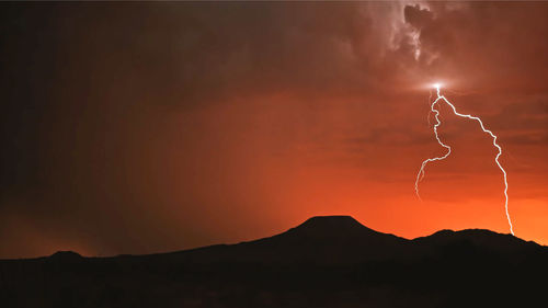 Scenic view of silhouette mountain against sky during sunset