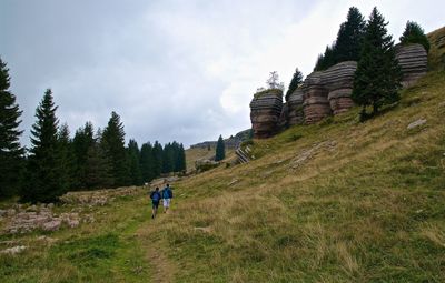 Rear view of men walking on field against sky