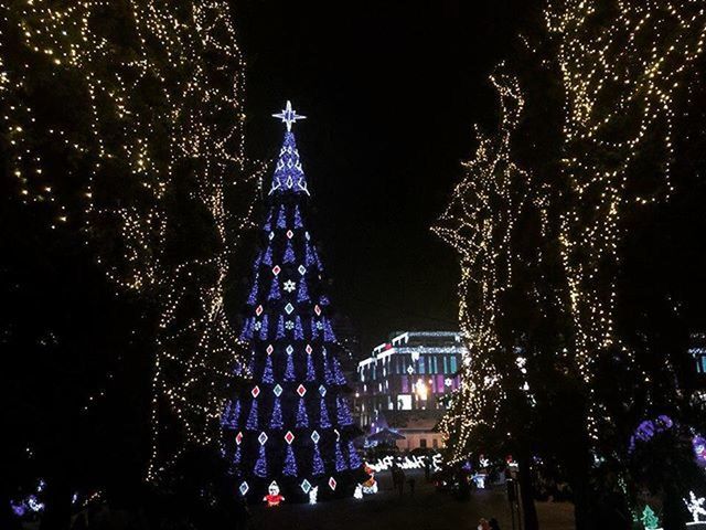 night, illuminated, building exterior, architecture, built structure, celebration, city, lighting equipment, low angle view, christmas, tree, light - natural phenomenon, decoration, outdoors, sky, christmas tree, christmas lights, christmas decoration, city life, travel destinations