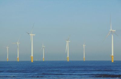 Low angle view of wind turbines