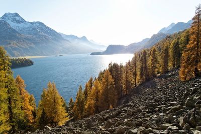 Scenic view of lake and mountains against sky