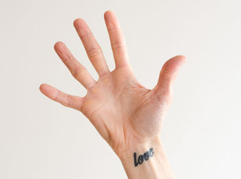 Close-up of human hand against white background