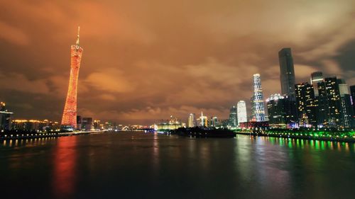 Scenic view of river and illuminated city against sky during sunset