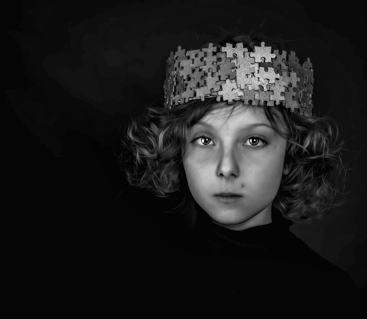 portrait, looking at camera, black, black and white, one person, headshot, child, darkness, indoors, monochrome photography, childhood, front view, monochrome, women, black background, clothing, studio shot, fashion accessory, female, white, serious, copy space, hat, close-up, innocence, looking, person, crown