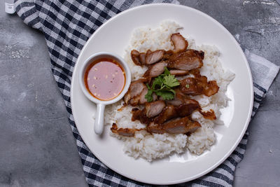 High angle view of food in plate on table