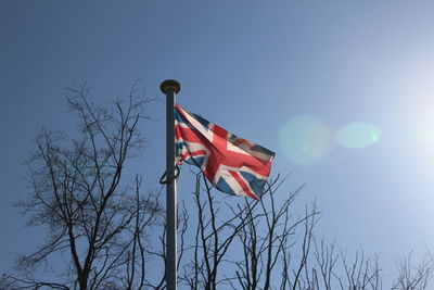 Low angle view of flag against sky