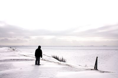 Rear view of man on beach against sky during winter