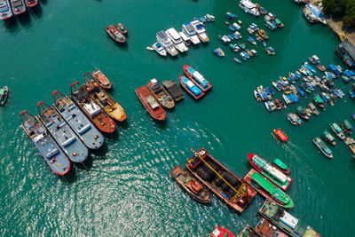 High angle view of boats moored in sea