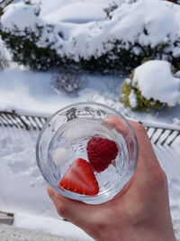 Hand of person holding iced drunk against snow