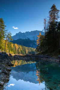 Scenic view of trees and mountains against blue sky