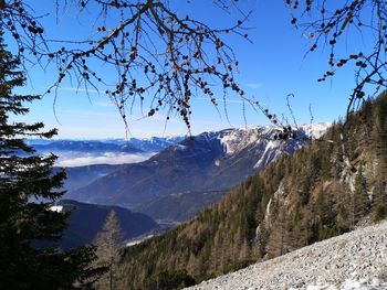 Scenic view of snowcapped mountains against clear sky